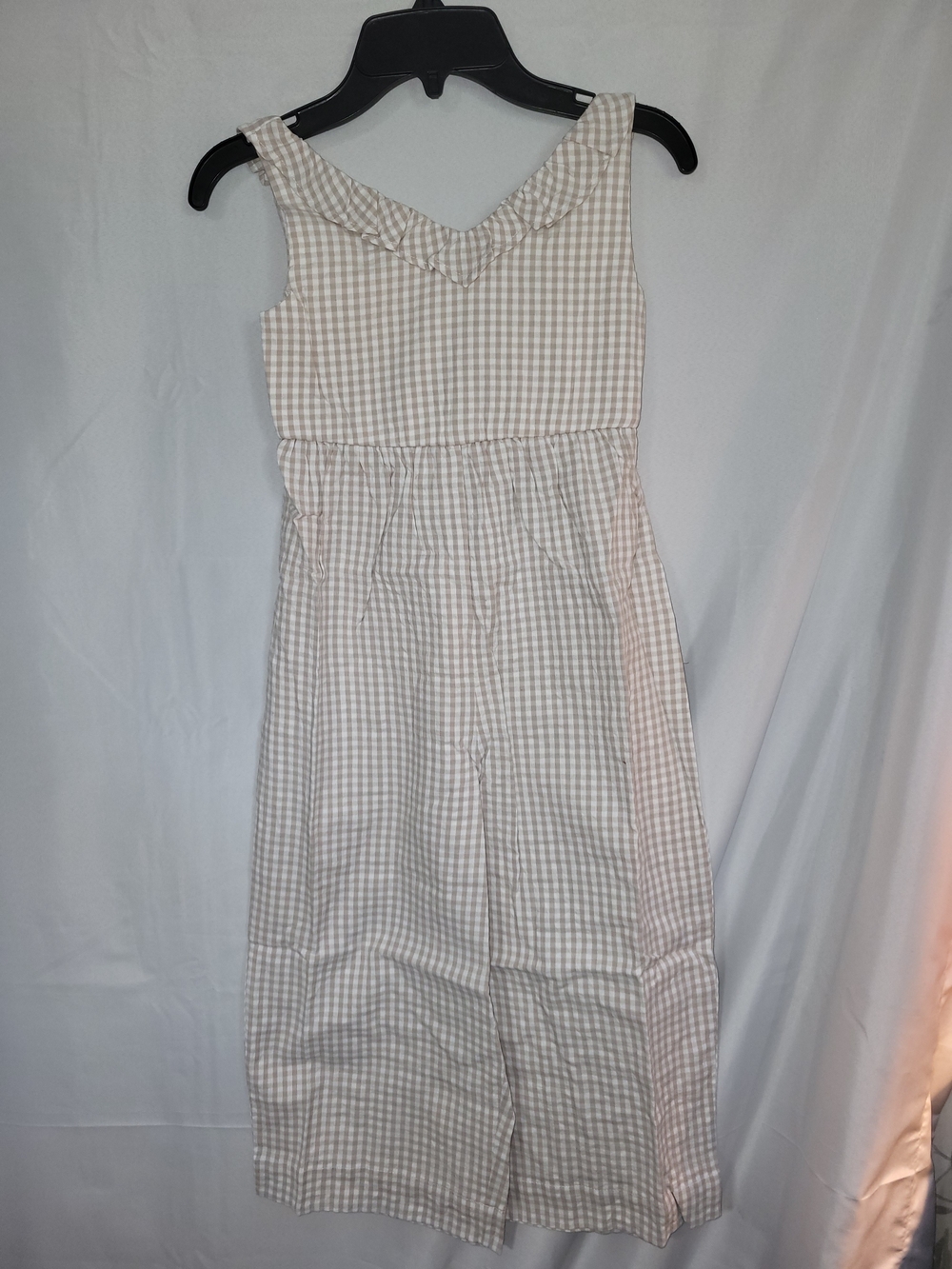 Hope & Henry Girls Size 3/3T Beige & White Gingham Smocked Romper Organic Cotton
